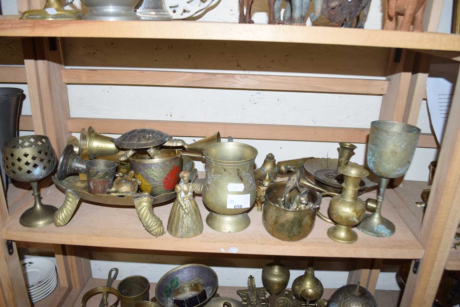 Mixed Lot: Assorted brass wares to include goblets, tankards, assorted ornaments, tortoise shaped