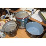 Three pieces of Barge ware items to include double handled bucket, a large jug and a preserve pan