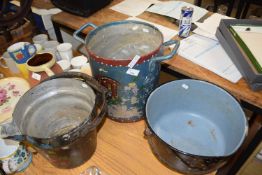 Three pieces of Barge ware items to include double handled bucket, a large jug and a preserve pan