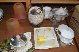 Mixed Lot: Frosted glass light shades, wedge formed butter dish, biscuit barrel, assorted tea