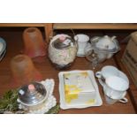 Mixed Lot: Frosted glass light shades, wedge formed butter dish, biscuit barrel, assorted tea