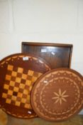 Mixed Lot: Two hardwood serving trays and an inlaid chess board (3)