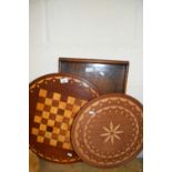 Mixed Lot: Two hardwood serving trays and an inlaid chess board (3)