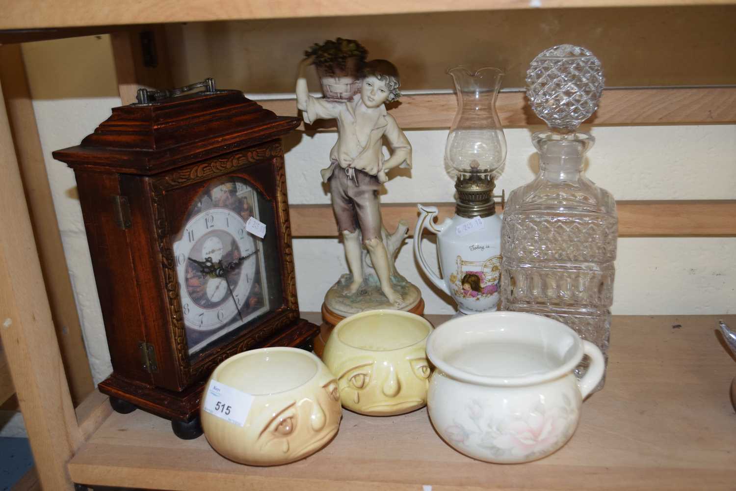 Mixed Lot: Modern mantel clock, small oil lamp, decanter and other items