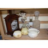 Mixed Lot: Modern mantel clock, small oil lamp, decanter and other items