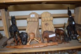 Mixed Lot: Various wooden wares to include a pair of small wall brackets, various carved animals and