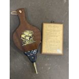 Pair of fire bellows and a Why Worry board