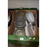 Box of various kitchen wares, glass bowls etc