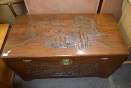 Chinese carved camphor wood blanket box, 102cm wide