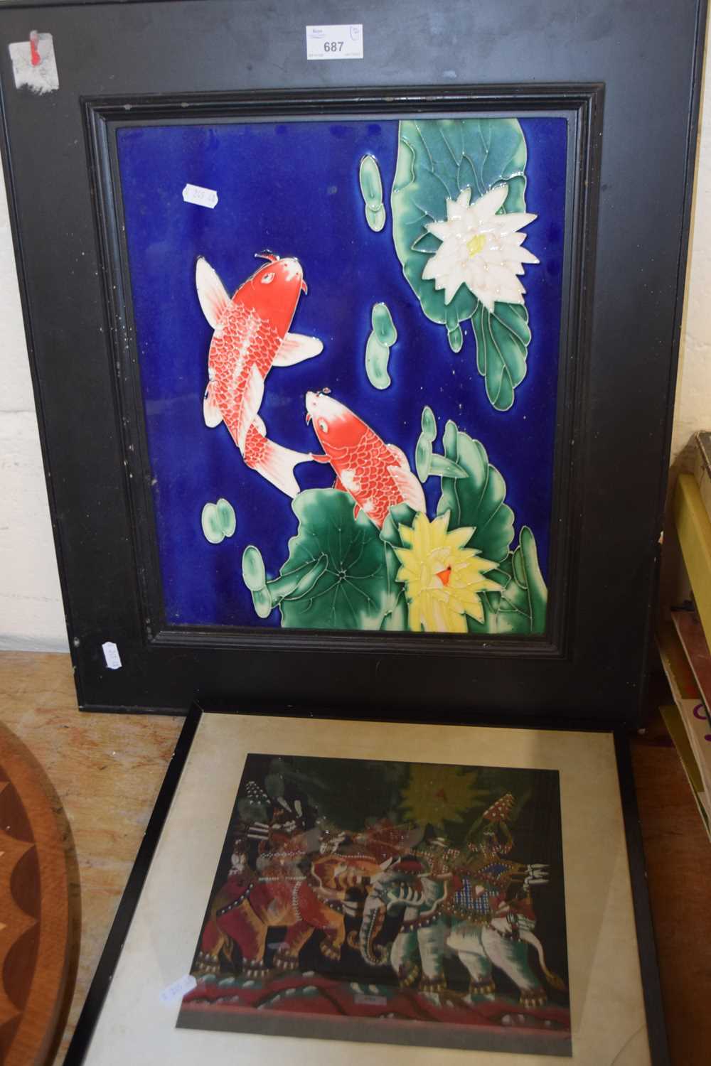 Modern ceramic picture of Koi amongst water lillies and a further Indian fabric picture (2)