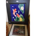 Modern ceramic picture of Koi amongst water lillies and a further Indian fabric picture (2)