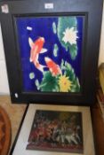 Modern ceramic picture of Koi amongst water lillies and a further Indian fabric picture (2)