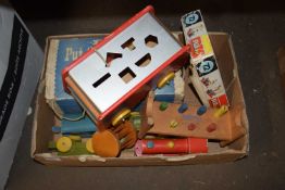 Box of assorted toys to include a put together train, wooden post van etc