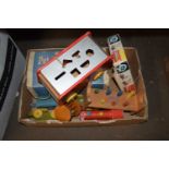 Box of assorted toys to include a put together train, wooden post van etc