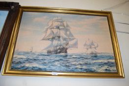 Coloured print, tall ship, gilt framed