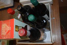 Box of various assorted ginger wine, Gilbeys Gin and others