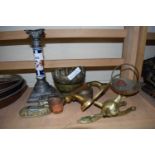Mixed Lot: Porcelain and metal candlestick, various brass wares etc