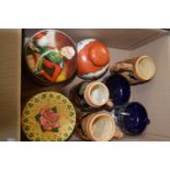 Box of various mixed German mugs, tins, ginger jar etc