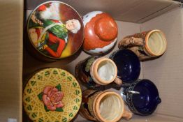 Box of various mixed German mugs, tins, ginger jar etc