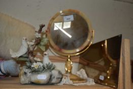 Mixed Lot: Dressing table mirror, porcelain model doves and a further small mirror (3)