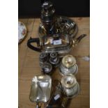 Mixed Lot: Silver plated tea set, cruet, cocktail shaker and other items