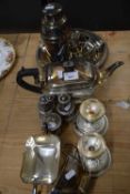 Mixed Lot: Silver plated tea set, cruet, cocktail shaker and other items