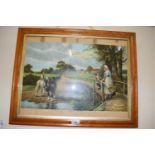 19th Century chromolithograph print, A Chat by the Way, maple framed and glazed