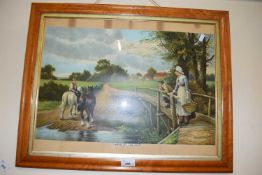 19th Century chromolithograph print, A Chat by the Way, maple framed and glazed