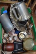 One box of pewter tankards, silver plated table baskets, cruet items etc