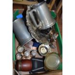 One box of pewter tankards, silver plated table baskets, cruet items etc