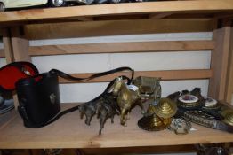 Mixed Lot: Various horse brasses, model horses and carriages, binoculars etc