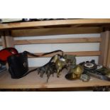 Mixed Lot: Various horse brasses, model horses and carriages, binoculars etc