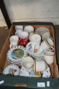 One box of various modern ribbon plates, mugs etc