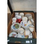 One box of various modern ribbon plates, mugs etc