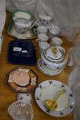 Mixed Lot: Various assorted tea wares, butter dish, Wedgwood gilt decorated saucers etc