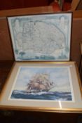 Print of a tall ship after Richard Anderson and a framed map of Norfolk (2)