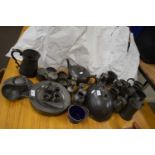Mixed Lot: Various 19th Century pewter tankards, meat cover, tea wares, cruet items, warming plate
