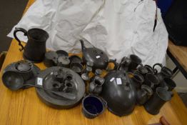 Mixed Lot: Various 19th Century pewter tankards, meat cover, tea wares, cruet items, warming plate
