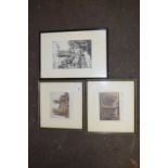 Etching and two coloured prints depicting Canterbury Cathedral