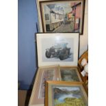 Mixed Lot: Assorted pictures to include an oil on board study of Elm Hill, Norwich