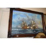 J Harvey study of warships, oil on canvas in a carved framed