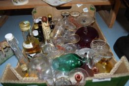 Box of various assorted spirit miniatures, assorted spirit glasses etc