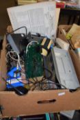 Box of assorted items to include vintage cassette player, various radio valves and other assorted