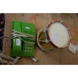 Drum form ice bucket and a vintage telephone