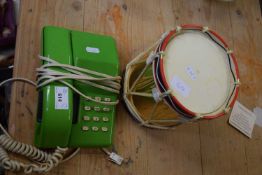 Drum form ice bucket and a vintage telephone