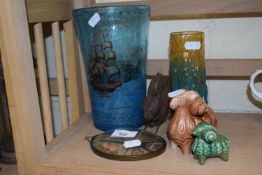 Mixed Lot: Art Glass vase decorated with galleons, Ukranian pottery rams and other items