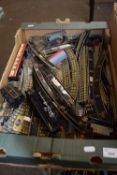 A quantity of 00 gauge model railway track, various rolling stock, much play worn throughout