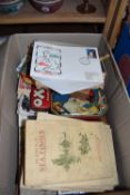 Box of various cigarette cards, tea cards, tins and other items