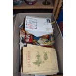 Box of various cigarette cards, tea cards, tins and other items