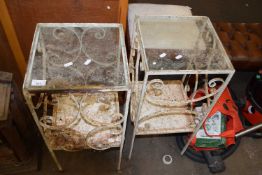 A pair of metal framed glass top bedside tables, very worn condition
